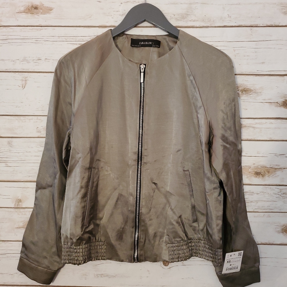 Zara Basic Olive Green Shiny bomber Jacket Women's
